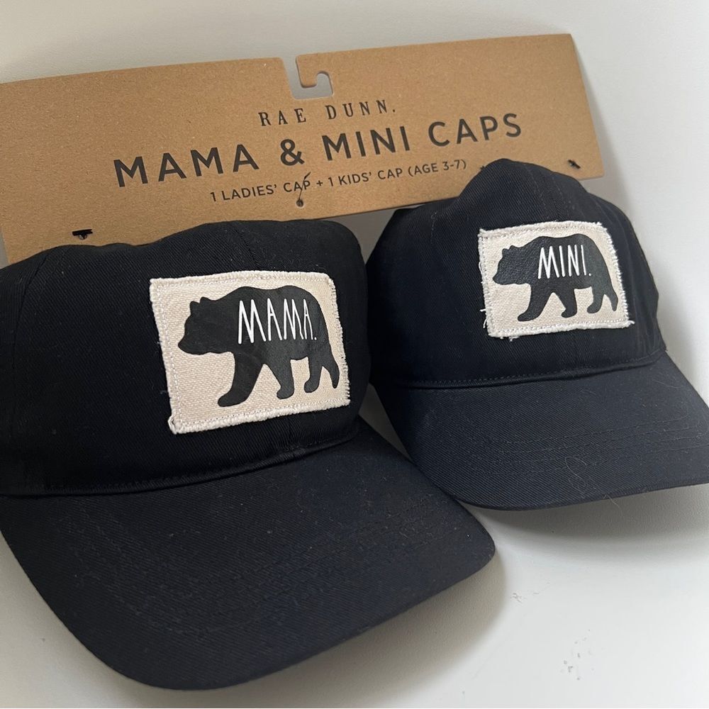 Rae Dunn Mama and Mini Cotton Caps Black with Bear NWT